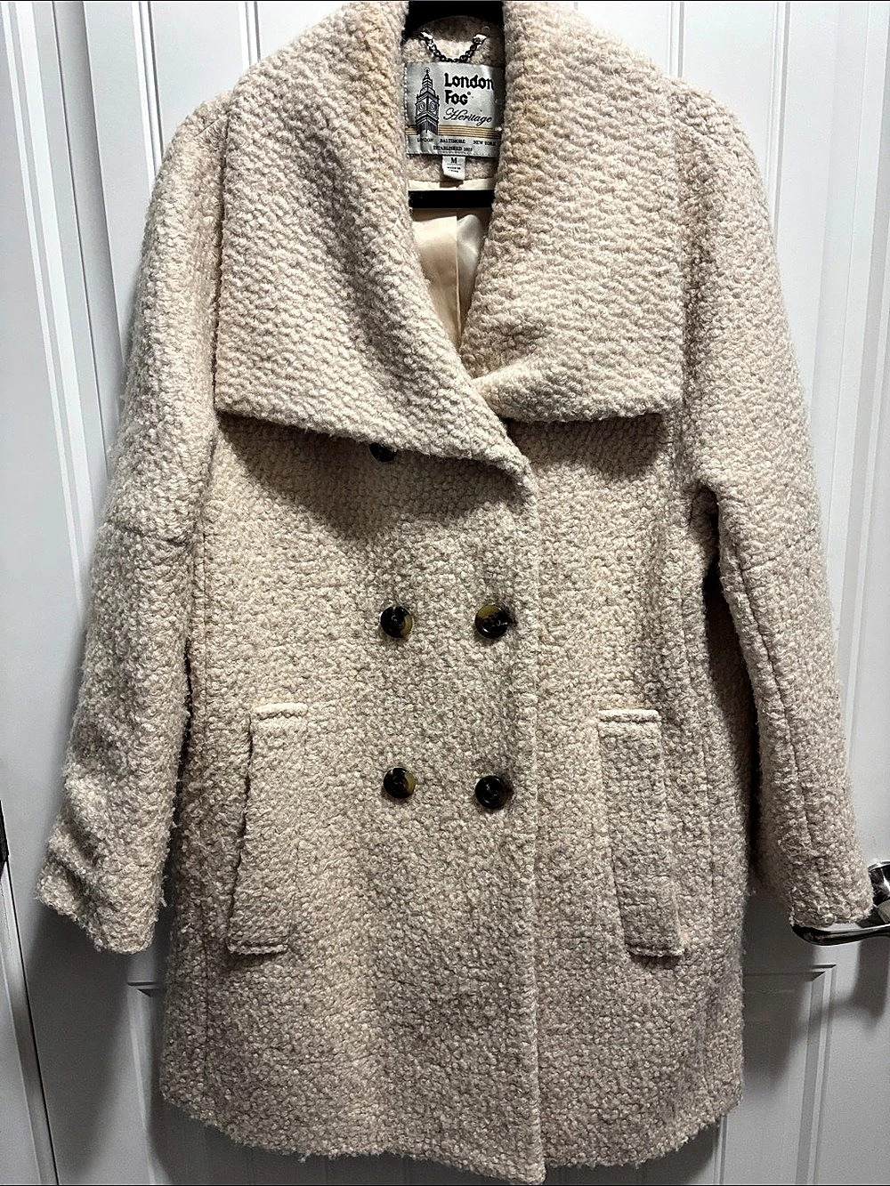 London Fog Heritage Wool Blend Boucle Coat Cream M